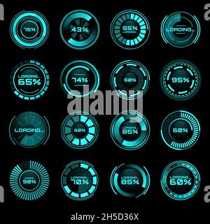 Barres de progression de chargement futuristes HUD.Interface utilisateur ou vecteur SCI Fi.Écran numérique ou panneau de commande de jeu de technologie future avec programmes circulaires Illustration de Vecteur