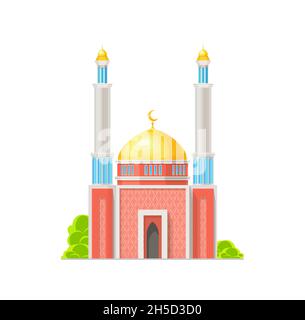 Mosquée musulmane bâtiment vecteur isolé icône de l'architecture de religion de l'Islam, maison de prière musulmane.Église arabe, temple ou masjid, dômes dorés, croissant M. Illustration de Vecteur