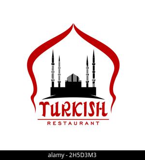 Icône de restaurant turc, foo de la cuisine turque et signe vecteur de café d'Istanbul avec silhouette de mosquée.Restaurant turc de cuisine musulmane et halal emblème f Illustration de Vecteur