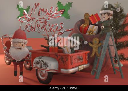 illustration 3d.Modèle de promotion des soldes de Noël .Concept shopping en ligne Santa Claus et elf un scooter vintage .ESPACE DE COPIE pour le logo et le texte Banque D'Images