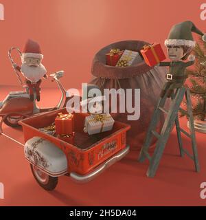 illustration 3d.Modèle de promotion des soldes de Noël .Concept shopping en ligne Santa Claus et elf un scooter vintage .ESPACE DE COPIE pour le logo et le texte Banque D'Images