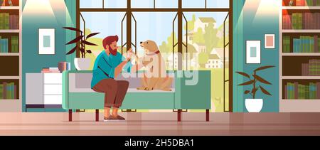 jeune homme passant du temps avec le maître de chien mâle et mignon animal domestique amitié avec le concept d'animal de compagnie Illustration de Vecteur