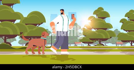 jeune homme marchant avec un chien dans un parc urbain propriétaire mâle et adorable animal domestique amitié avec le concept d'animal de compagnie Illustration de Vecteur