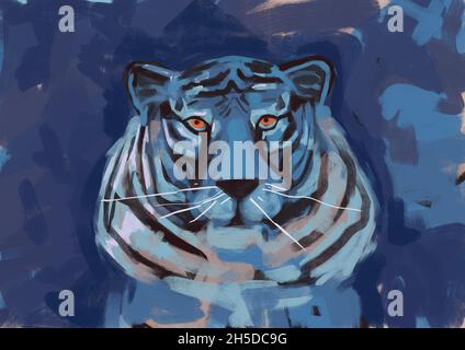 Stimuler le portrait de tigre avec la couleur bleu paisible et la peinture de grunge couleur de trait moderne et graffiti, image, peinture moderne et graffiti.Artis Banque D'Images