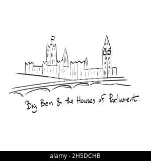 Big Ben et les chambres du Parlement avec pont et la Tamise vecteur d'illustration isolé sur fond blanc art de ligne Illustration de Vecteur