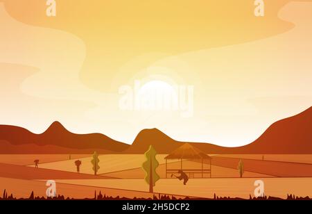 Sunrise Asian Farmer Paddy Rice Field Agriculture nature Illustration Illustration de Vecteur