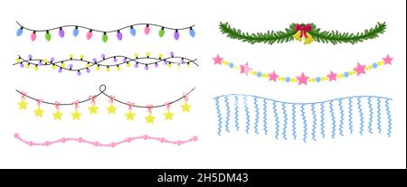 Guirlande de Noël.Décorations suspendues du nouvel an isolées.Lumières de Noël et ornements d'arbres.Collection de guirlandes vectorielles. Illustration de Vecteur