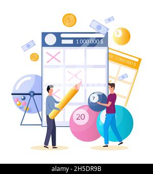 Raffle drum, balls with lucky numbers, man filling out lottery tickets, vector illustration. Lotto, bingo, keno games. Illustration de Vecteur