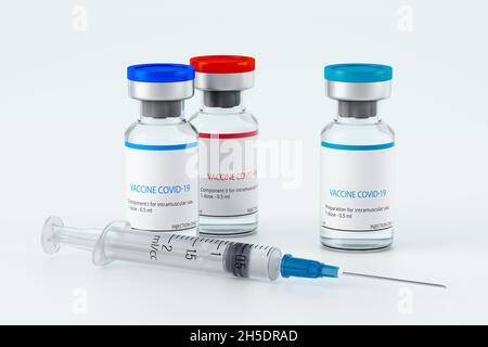 Un ensemble de vaccins - vaccins à deux composants et à un composant, au choix, contre l'infection à coronavirus COVID-19 (SRAS-COV-2).Trois ampoules Banque D'Images