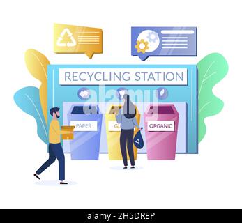 Personnes jetant des déchets dans le verre, le papier, les poubelles organiques, illustration vectorielle plate.Tri des déchets pour recyclage. Illustration de Vecteur