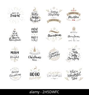 Ensemble de divers beaux lettrage de Noël avec la décoration mignonne, les sayings écrits à la main, idéal pour les cartes, étiquettes, étiquettes,bannières, fonds d'écran - vector des Illustration de Vecteur
