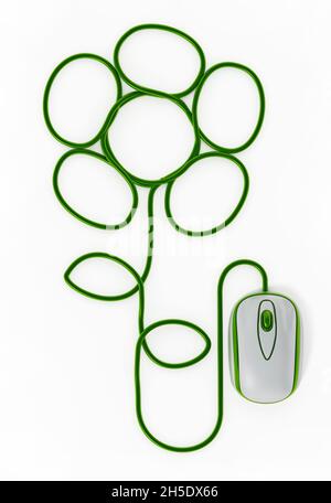 Souris connectée au câble formant une forme de fleur isolée sur fond blanc.Illustration 3D. Banque D'Images