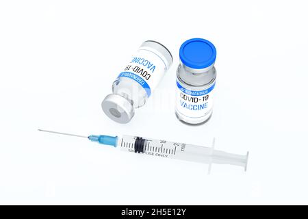 Une bouteille de vaccin contre le coronavirus.Deux ampoules et une seringue remplie de médicaments.Injection contre le virus COVID-19.Copier l'espace.Rendu 3D Banque D'Images