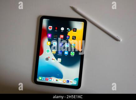 Apple iPad mini 2021 avec Apple Pencil 2e génération -- activé avec affichage de l'écran Banque D'Images