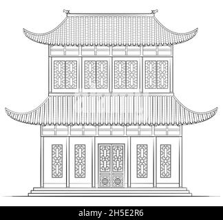 Dessin d'un bâtiment chinois classique - illustration en noir et blanc Illustration de Vecteur