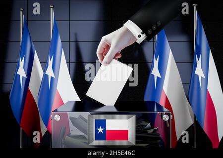 Drapeaux du Texas, la main de la carte de vote dans une boîte - vote, concept d'élection - illustration 3D Banque D'Images