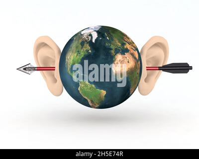 le monde avec deux grandes oreilles et une flèche à l'intérieur, illustration 3d Banque D'Images