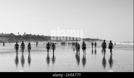 Marcheurs matinaux sur la plage de la Barrosa, Sancti Petri, Chiclana de la Frontera, Cadix, Andalousie, Espagne. Banque D'Images