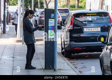Une femme alimente un parcage avec des pièces à Leamington Spa, Warwickshire, Royaume-Uni. Banque D'Images