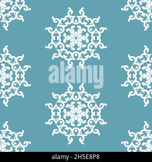 Flocons de neige à motifs blancs sur fond bleu.Arrière-plan d'hiver.Décoration circulaire, mandala.Motif vectoriel sans couture.Pour tissu, papier peint ou Illustration de Vecteur