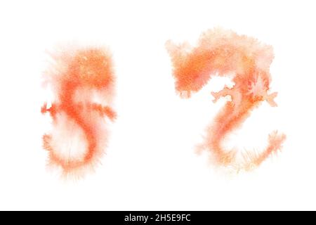 Silhouette de dragon asiatique sur fond blanc, illustration d'aquarelle orange naturelle, art abstrait Banque D'Images