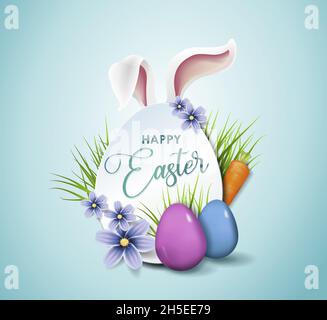 Prospectus Vector Easter Party Illustration avec œufs, oreilles de lapin et éléments typographiques sur fond bleu nature. Illustration de Vecteur
