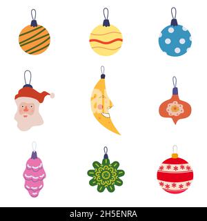 Ensemble de jouets de boules de Noël, boules vintage et décoration.Décoration rétro de la collection Vector, style dessin animé falt Illustration de Vecteur