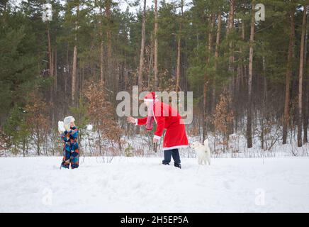 Homme joyeux en costume de Père Noël, un enfant en combinaison d'hiver et un chien blanc jouent des boules de neige dans une forêt enneigée.La veille de Noël, une bière bien enneigée Banque D'Images