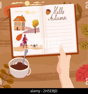 Main tenant un bloc-notes ouvert du Journal quotidien de l'automne, liste des horaires, objectifs, à faire, glands,feuilles d'automne, tasse à café.Planification et organisation personnelles Illustration de Vecteur