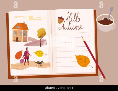 Agenda d'automne pour filles, jaune d'automne, feuilles d'orange, branche, tasse de café,illustrations.L'automne, ambiance chaleureuse hygge atmosphère.Illustration vectorielle Illustration de Vecteur