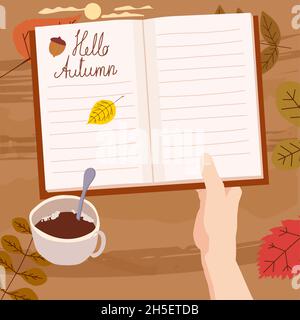 Main tenant un bloc-notes ouvert du Journal quotidien de l'automne, liste des horaires, objectifs, à faire, glands,feuilles d'automne, tasse à café.Planification et organisation personnelles Illustration de Vecteur