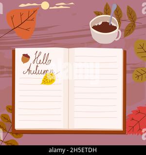 Ouvrez le carnet de notes du quotidien de l'automne, énumérez les horaires, les objectifs, les tâches, les glands,feuilles d'automne, tasse à café.Planification et organisation personnelles, page de l'organisateur Illustration de Vecteur