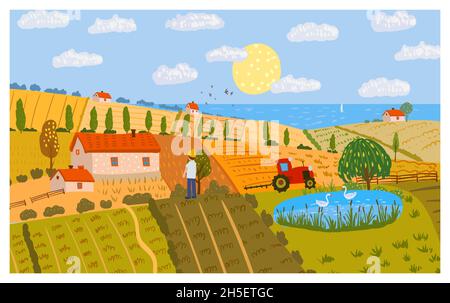 Automne Rural paysage champs ferme sur la colline, horizon.Automne, vue panoramique sur la campagne.Illustration vectorielle dessinée à la main isolée Illustration de Vecteur