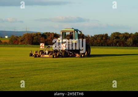 FRANCFORT, ALLEMAGNE - 16 octobre 2021 : un agriculteur tend son champ de gazon.La culture de l'herbe est rare à Hesse et peut-être une niche intéressante pour l'agriculture Banque D'Images