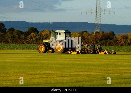 FRANCFORT, ALLEMAGNE - 16 octobre 2021 : un agriculteur tend son champ de gazon.La culture de l'herbe est rare à Hesse et peut-être une niche intéressante pour l'agriculture Banque D'Images