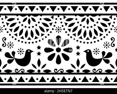 Motif vectoriel d'art populaire mexicain long sans couture avec oiseaux et fleurs, textile noir et blanc ou carte de vœux inspiré de la forme d'art traditionnel Illustration de Vecteur