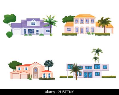 Définir les bâtiments résidentiels de Mansion, les arbres tropiques, les palmiers.Façade de maison façade vue sur l'architecture famille moderne cottages maisons contemporaines Illustration de Vecteur