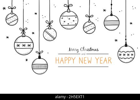 Ensemble de boules de noël à motif Doodle.Boule de style d'esquisse dessinée à la main.Jolie boule de noël avec bordure, motif d'arrière-plan et texte.Illustration vectorielle isolée. Illustration de Vecteur