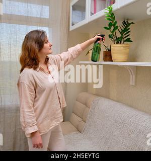 Une femme arrose les plantes en pot avec de l'eau à partir d'une bouteille vaporisatrice tout en se tenant dans un salon à la maison Banque D'Images