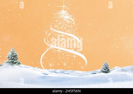 Rendu 3d d'une carte postale de Noël avec un arbre et des souhaits sur la neige sur fond orange Banque D'Images