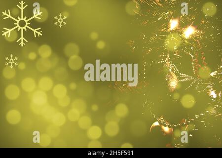 Rendu 3d des flocons de neige et des lumières de Noël sur fond de bokeh vert Banque D'Images