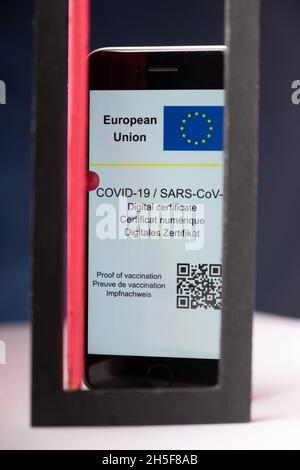 Helsinki / Finlande - 9 NOVEMBRE 2021 : maquette du certificat de vaccination numérique eu Covid-19 sur smartphone. Banque D'Images