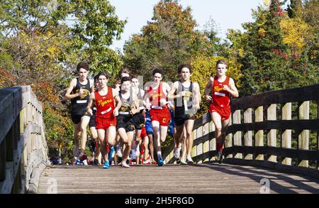 Kings Park, New York, États-Unis - 31 octobre 2021 : début d'une course de cross-country pour garçons avec les coureurs qui passent au-dessus du pont en bois de Sunke Banque D'Images