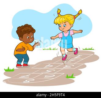 Les petits enfants, un garçon et une fille, sautent heureusement en jouant au hopscotch.Illustration vectorielle de style dessin animé, ligne isolée en noir et blanc Illustration de Vecteur