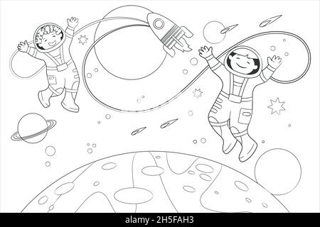 Livre de coloriage deux jeunes astronautes volent dans l'espace sur fond d'étoiles et de planètes.Illustration vectorielle de style dessin animé, noir et blanc Illustration de Vecteur