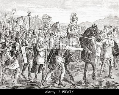 Julius Caesar traversant la Rubicon River, 10 janvier 49 av. J.-C.Gaius Julius Caesar, 100 av. J.-C. – 44 av. J.-C.Général romain et homme d'État.De l'Histoire universelle illustrée de Cassell, publié en 1883.