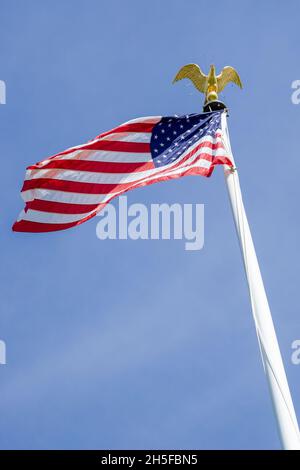 Drapeau américain agitant dans le vent contre un ciel bleu avec un aigle sur le poteau au cimetière de l'ABMC à Luxembourg, en Europe. Banque D'Images