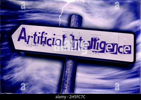 Intelligence artificielle écrite sur un panneau de rue avec poste, tempête et foudre en arrière-plan dans un ton bleu Banque D'Images