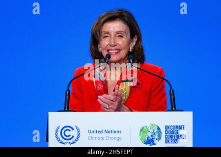 Glasgow, Écosse, Royaume-Uni.9 novembre 2021.Dixième jour du sommet climatique de la COP26.Nancy Pelosi, Présidente de la Chambre des représentants des États-Unis, parle lors d'une conférence de presse.Iain Masterton/Alay Live News. Banque D'Images