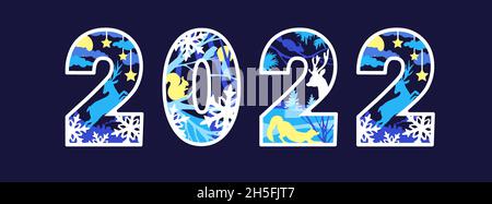 Bonne année 2022 numéros design.Gabarit découpé au laser avec cerf, renard, paysage d'hiver, écureuil, flocons de neige,étoiles.Couverture pour agenda. Illustration de Vecteur